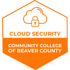 A orange logo of Community College of Beaver County Cloud Security Badge