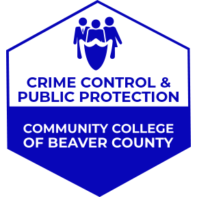 A blue logo of Community College of Beaver County Crime Control and Public Protection Badge