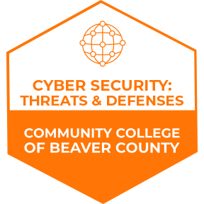 A orange logo of Community College of Beaver County Cyber Security Threats and Defenses Badge