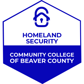 A blue logo of Community College of Beaver County Homeland Security Badge