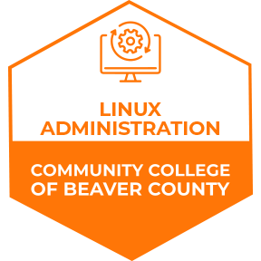 A orange logo of Community College of Beaver County Linux Administration Badge