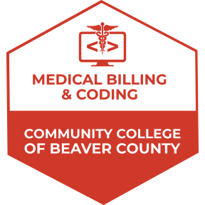 A red logo of Community College of Beaver County Medical Billing and Coding Badge
