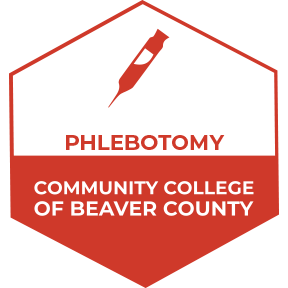 A red logo of Community College of Beaver County Phlebotomy Badge