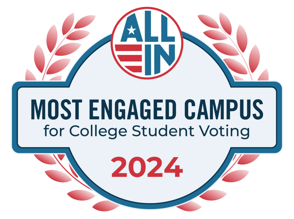 A seal logo of ALL IN - Most Engaged Campus for College Student Voting - 2024