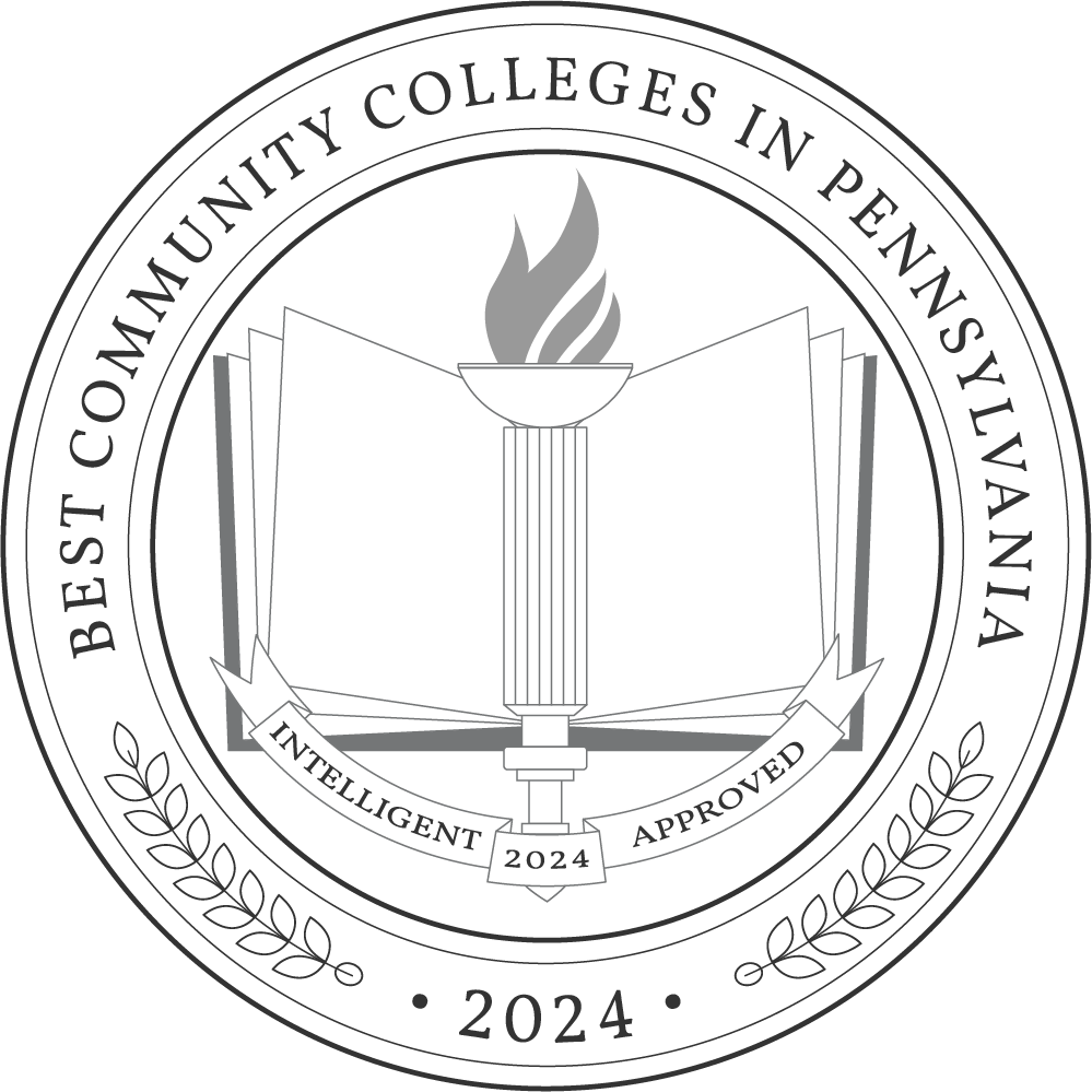 White logo of Best Community Colleges in Pennsylvania Badge