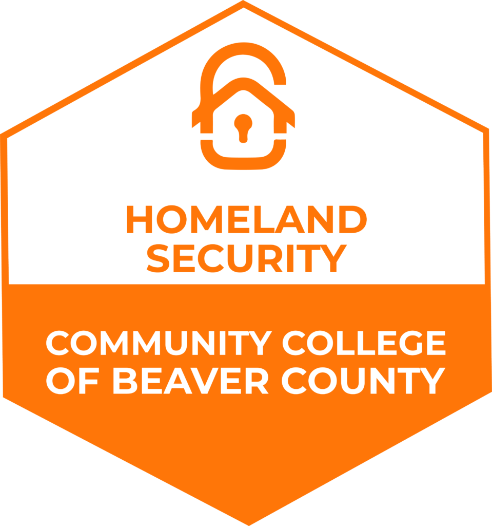 A orange logo of Community College of Beaver County Homeland Security Badge